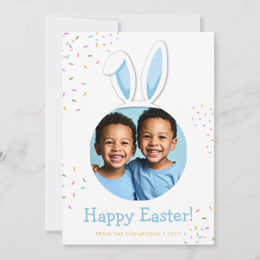 Blue Bunny Ears With Sprinkles Easter Photo カード (正面)