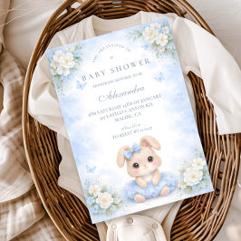 Blue Bunny Floral Baby Shower 招待状