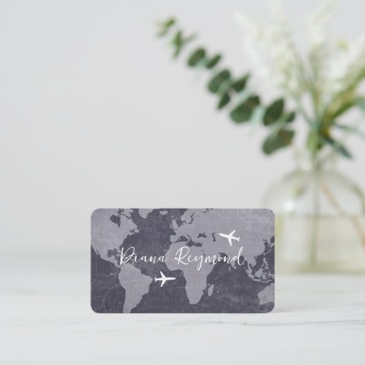 Blue Business Cards with World Map and Planes 名刺 (スタンド正面)