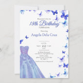 Blue Butterflies And Dress 18th Birthday Debut 招待状 (正面)