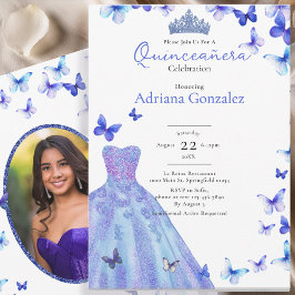 Blue Butterflies Dress Tiara Photo Quinceanera 招待状