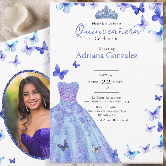 Blue Butterflies Dress Tiara Photo Quinceanera 招待状
