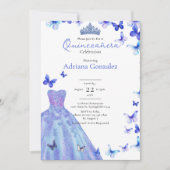 Blue Butterflies Dress Tiara Photo Quinceanera 招待状 (正面)