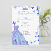 Blue Butterflies Dress Tiara Photo Quinceanera 招待状 (スタンド正面)