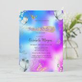 Blue Butterflies Holographic Sweet 16 Birthday  招待状 (スタンド正面)