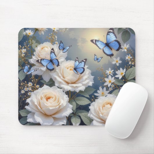 Blue Butterflies in a White Rose Garden マウスパッド (マウス)