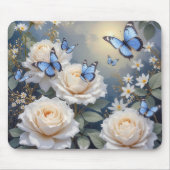 Blue Butterflies in a White Rose Garden マウスパッド (正面)
