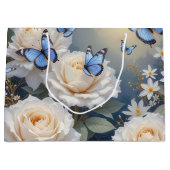 Blue Butterflies in a White Rose Garden ラージペーパーバッグ (正面)
