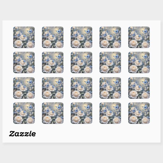 Blue Butterflies On White Roses and Daisies スクエアシール (シート)
