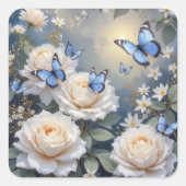 Blue Butterflies On White Roses and Daisies スクエアシール (正面)