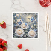 Blue Butterflies On White Roses and Daisies スタンダードカクテルナプキン (インサイチュ)