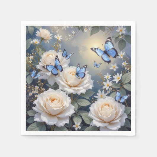 Blue Butterflies On White Roses and Daisies スタンダードカクテルナプキン (正面)