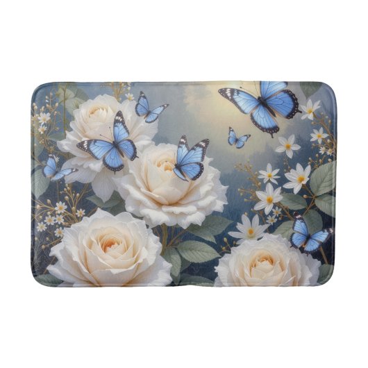 Blue Butterflies On White Roses and Daisies バスマット (正面)
