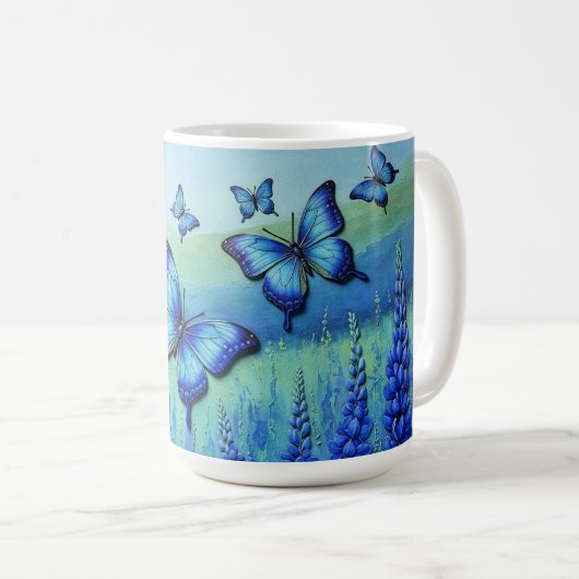 Blue Butterflies with Blue Flowers, コーヒーマグカップ (正面右)