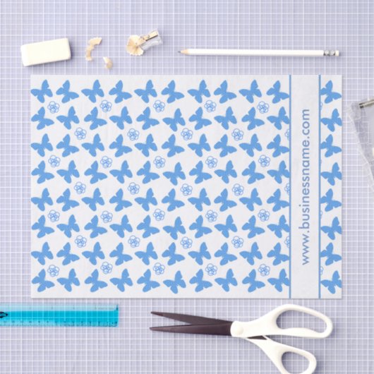 Blue Butterfly and Flower Custom Text 薄葉紙 (クラフト)