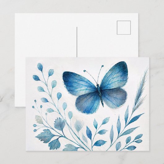 Blue Butterfly Botanical Watercolor ポストカード (正面/裏面)