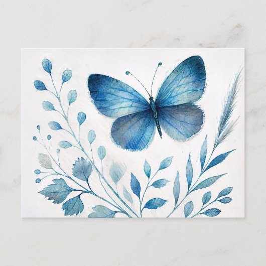 Blue Butterfly Botanical Watercolor ポストカード (正面)