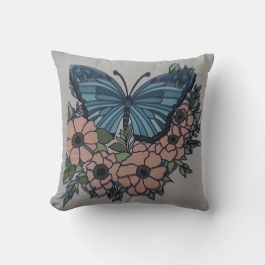 Blue butterfly cream floral mom pillow クッション (正面)