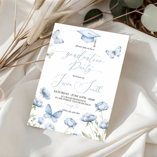 Blue Butterfly Floral Graduation Invitation 招待状