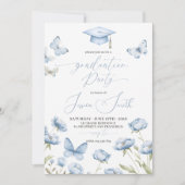 Blue Butterfly Floral Graduation Invitation 招待状 (正面)