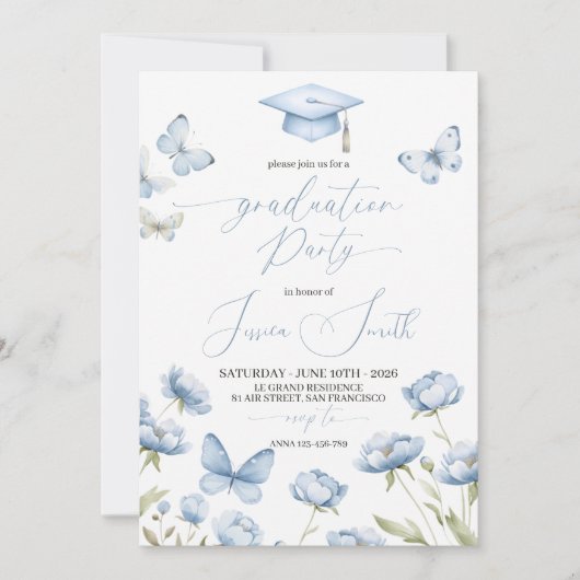Blue Butterfly Floral Graduation Invitation 招待状 (正面)