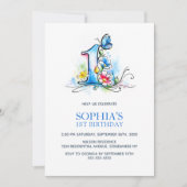 Blue Butterfly Flowers 1st Birthday Party 招待状 (正面)