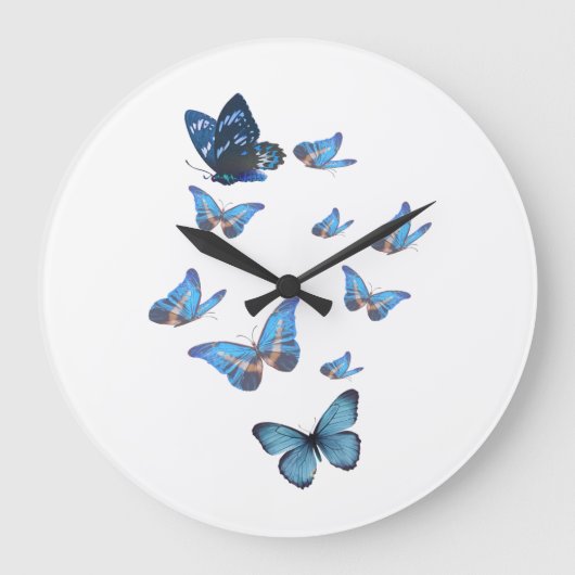 Blue Butterfly Garden Wall Clock – Elegant Nature ラージ壁時計 (正面)