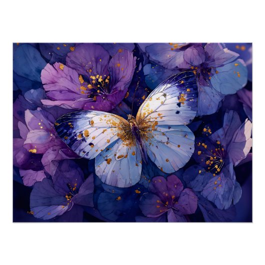 Blue Butterfly on Purple Flowers ポスター (正面)