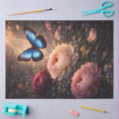 Blue Butterfly Over Peonies Spring Garden Floral  薄葉紙 (クラフト)