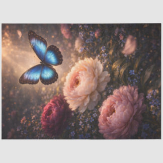 Blue Butterfly Over Peonies Spring Garden Floral  薄葉紙