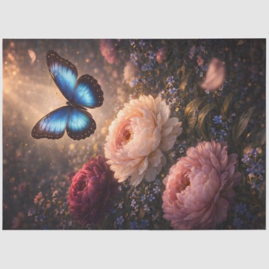 Blue Butterfly Over Peonies Spring Garden Floral  薄葉紙 (正面)