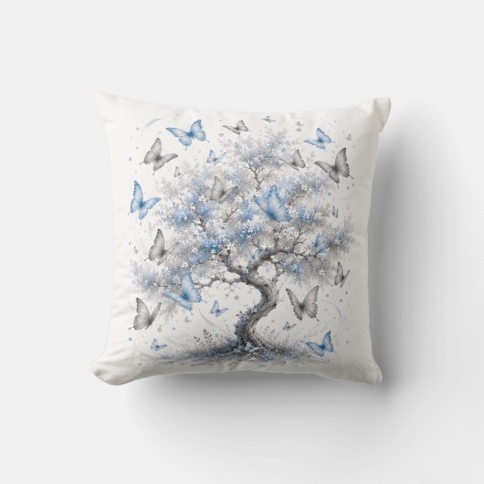 Blue Butterfly Tree Throw Pillow クッション (正面)