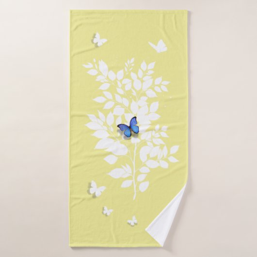 Blue Butterfly white leafy branch  バスタオル (バスタオル)