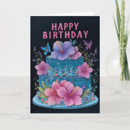 Blue Cake with Pink Hibiscus Birthday Greeting Car カード