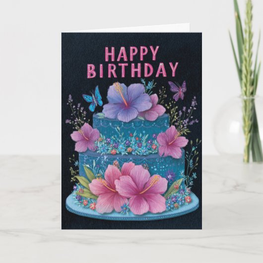 Blue Cake with Pink Hibiscus Birthday Greeting Car カード (正面)