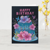 Blue Cake with Pink Hibiscus Birthday Greeting Car カード (黄色い花)