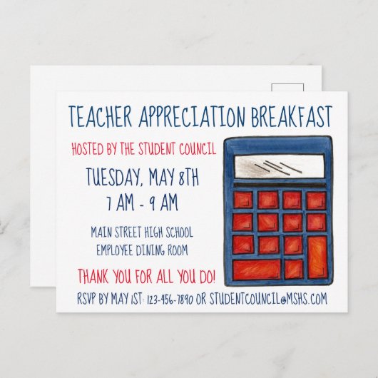 Blue Calculator学校の数学の先生感謝 インビテーションポストカード (正面/裏面)