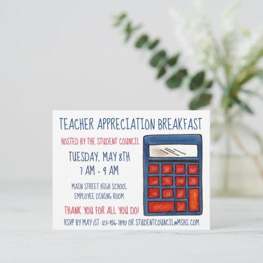 Blue Calculator学校の数学の先生感謝 インビテーションポストカード (スタンド正面)