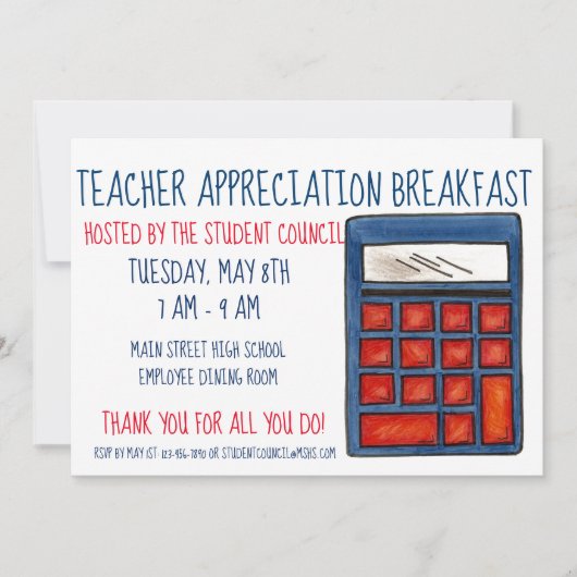 Blue Calculator学校の数学の先生感謝 招待状 (正面)