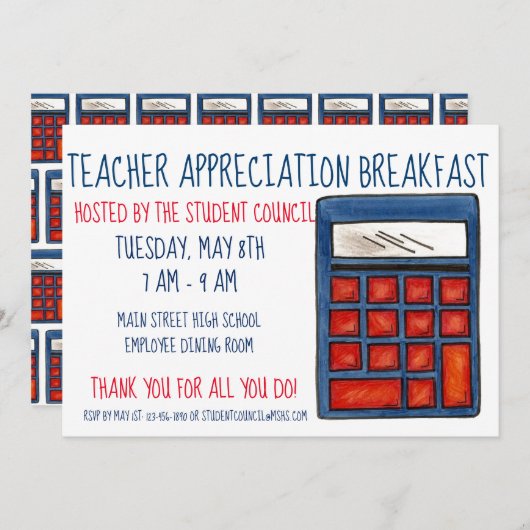 Blue Calculator学校の数学の先生感謝 招待状 (正面/裏面)