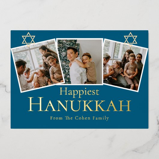 Blue Calligraphy Happiest Hanukkah family 3 photo 箔シーズンカード (正面)