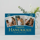 Blue Calligraphy Happiest Hanukkah family 3 photo 箔シーズンカード (立ち正面)