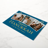 Blue Calligraphy Happiest Hanukkah family 3 photo 箔シーズンカード (回転した状態)