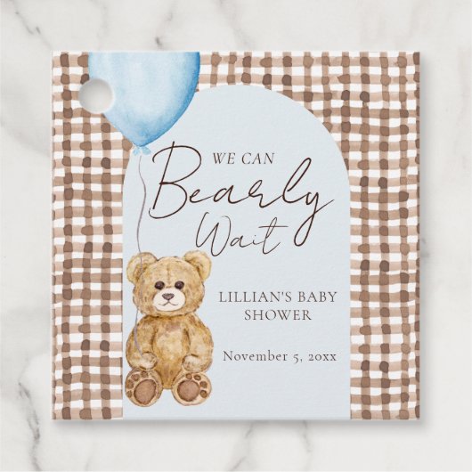 Blue Can Bearly Wait Teddy Bear Boy Baby Shower フェイバータグ (正面)