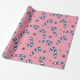 Blue Candy Canes on Pink Holiday Pattern ラッピングペーパー