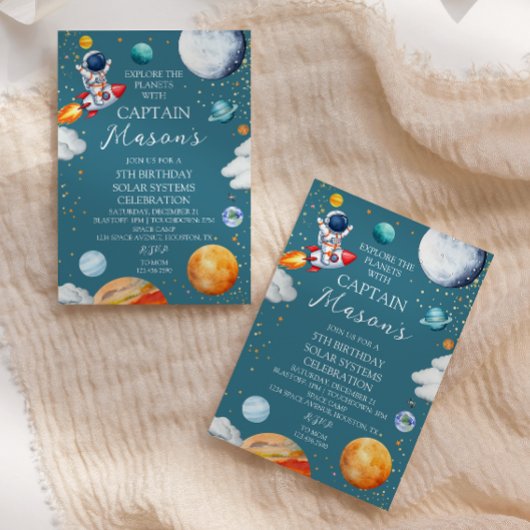 Blue Captain Rocket Solar System Adventure Kids  招待状