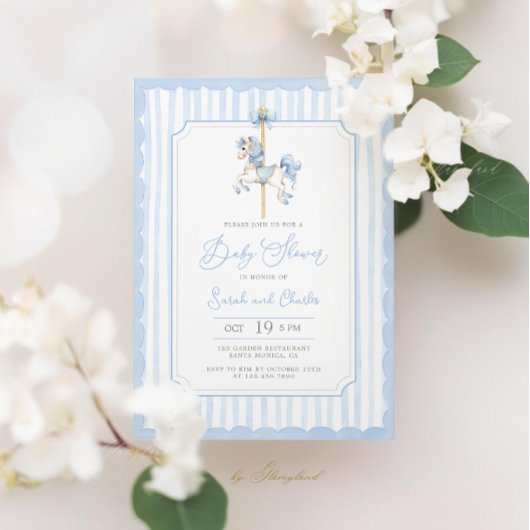 Blue Carousel Baby Boy Shower Invitation 招待状