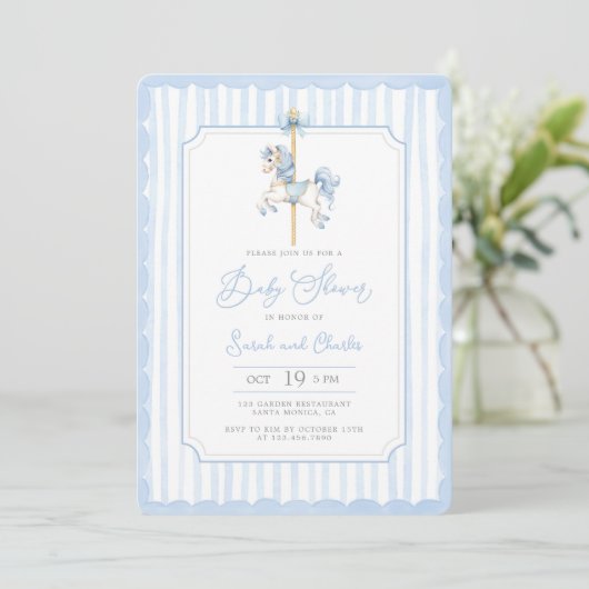 Blue Carousel Baby Boy Shower Invitation 招待状 (スタンド正面)