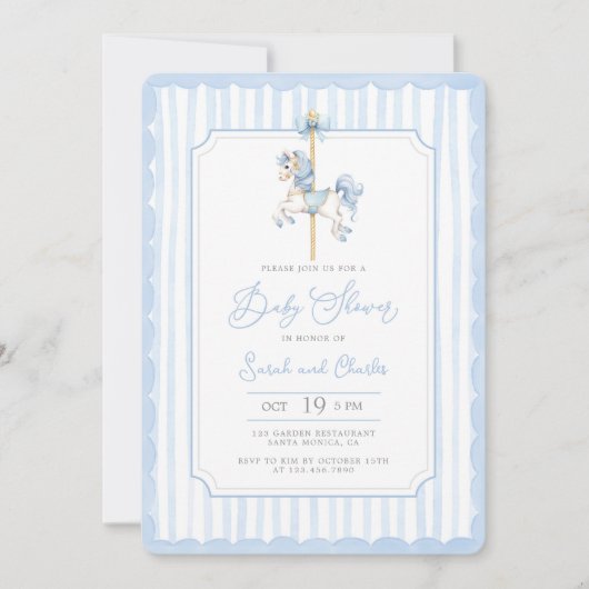 Blue Carousel Baby Boy Shower Invitation 招待状 (正面)