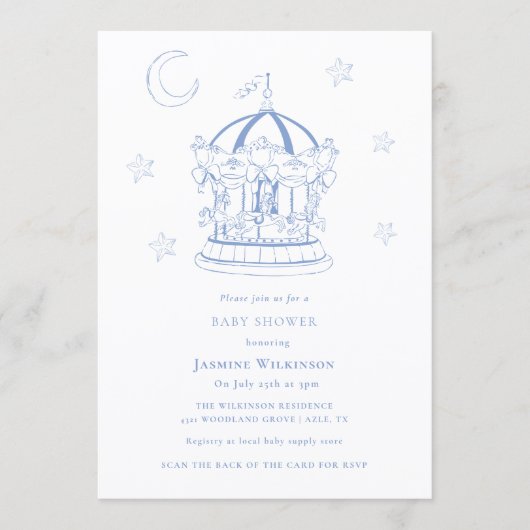 Blue Carousel Moon Stars Baby Shower Invitation 招待状 (正面)